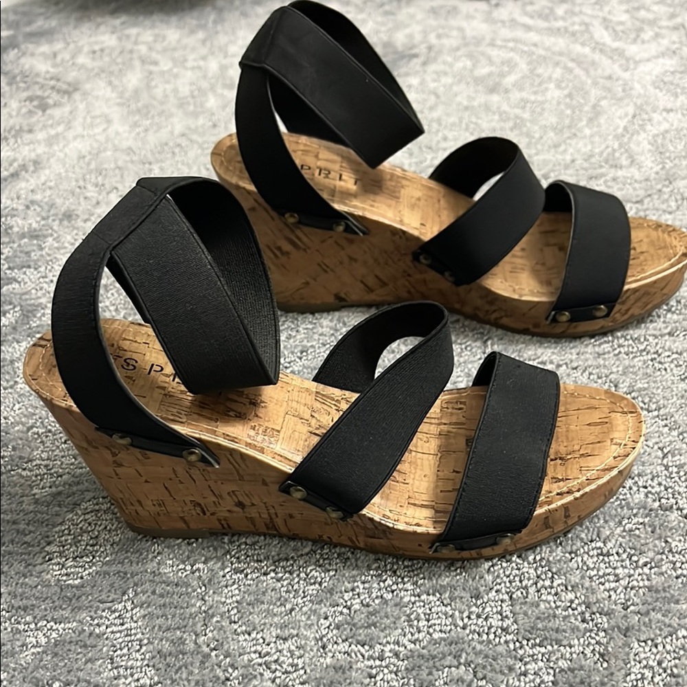 Esprit Black Wedge Sandals with Cork Heel